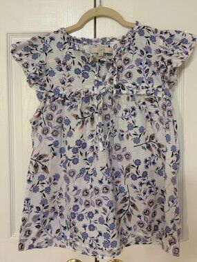 LOFT Floral Flutter Short Sleeve Purple Pink Blouse LP Large Petite